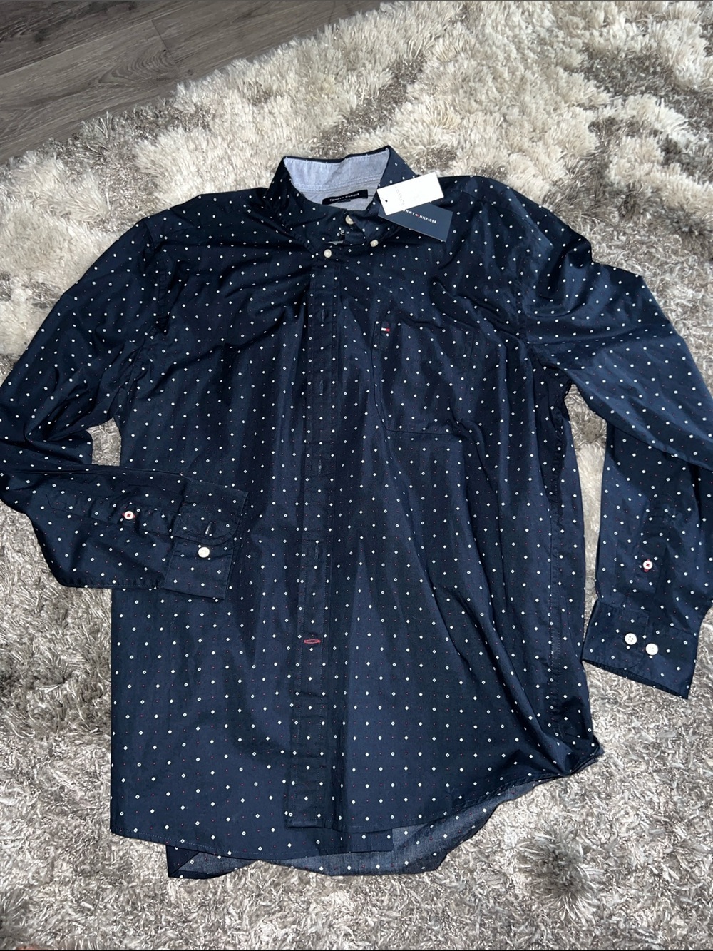 Tommy Hilfiger Navy Button-Up Shirt with White Diamond & Red Dot Pattern